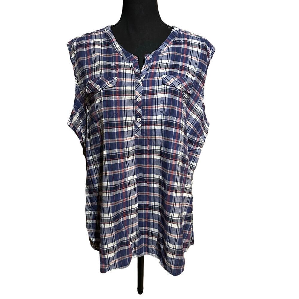 Eddie Bauer Blue and Red Plaid Sleeveless Button Top Women's Plus 2XL